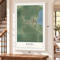 Wanda, Minnesota map, 24 x 36 inch print in a white frame by a staircase
