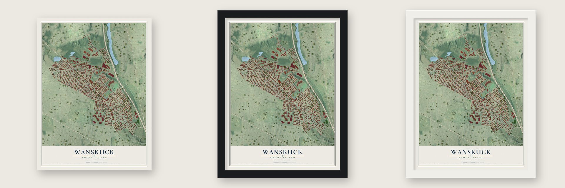 Wanskuck, Rhode Island map unframed, in a black wood frame and in a white wood frame