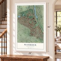 Wanskuck, Rhode Island map, 24 x 36 inch print in a white frame by a staircase