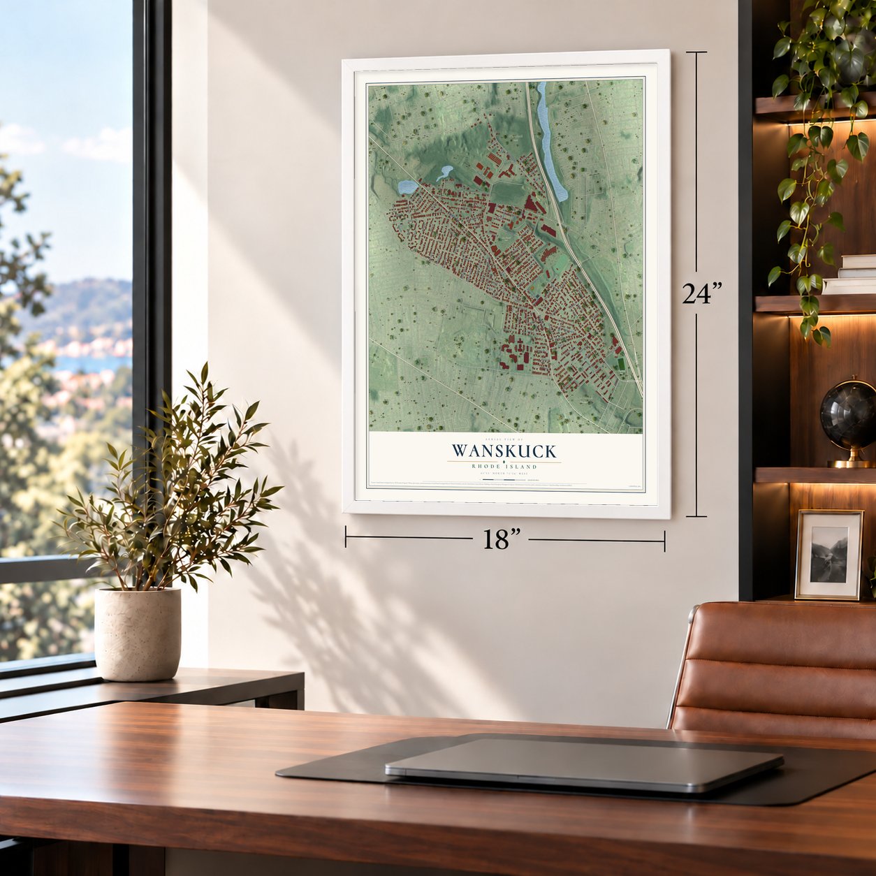 Wanskuck, Rhode Island map, 18 x 24 inch print in a white frame in a home office