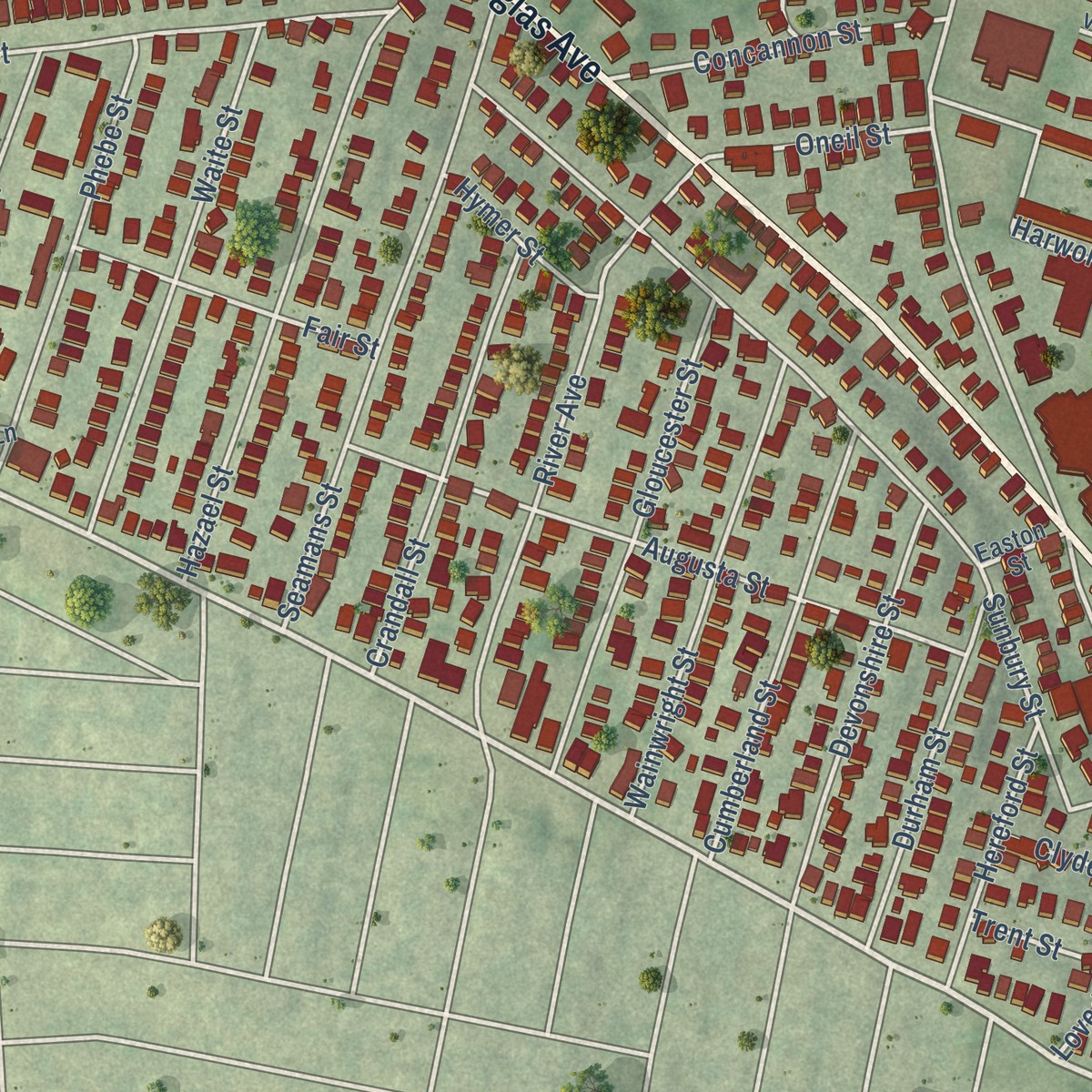 Second close-up of the map of Wanskuck, Rhode Island print showing more streets and buildings