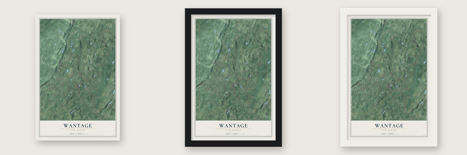 Wantage, New Jersey map unframed, in a black wood frame and in a white wood frame
