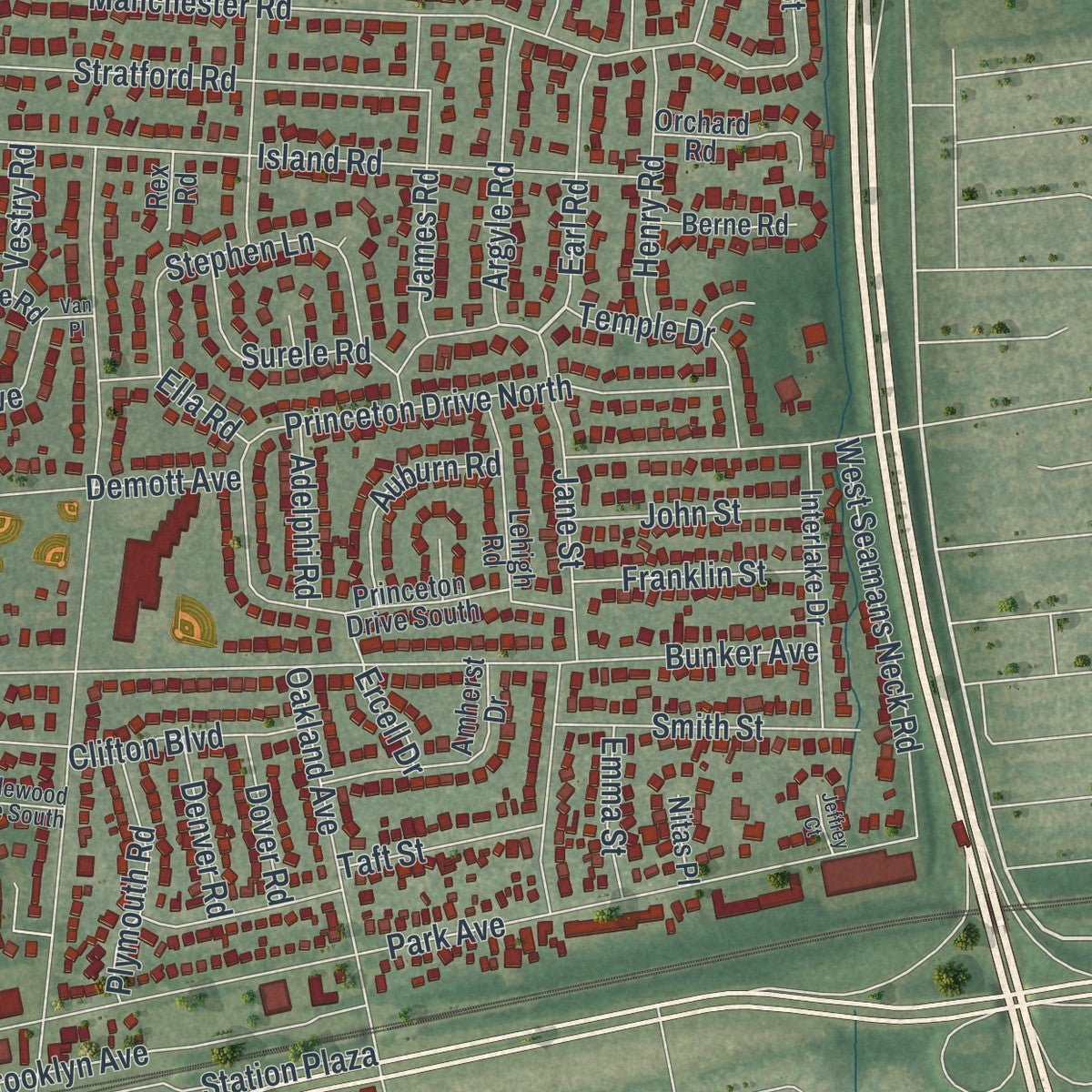 Second close-up of the map of Wantagh, New York print showing more streets and buildings