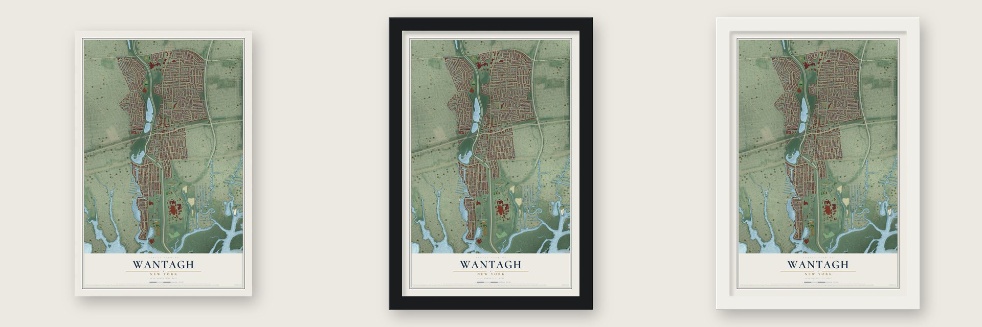 Wantagh, New York map unframed, in a black wood frame and in a white wood frame