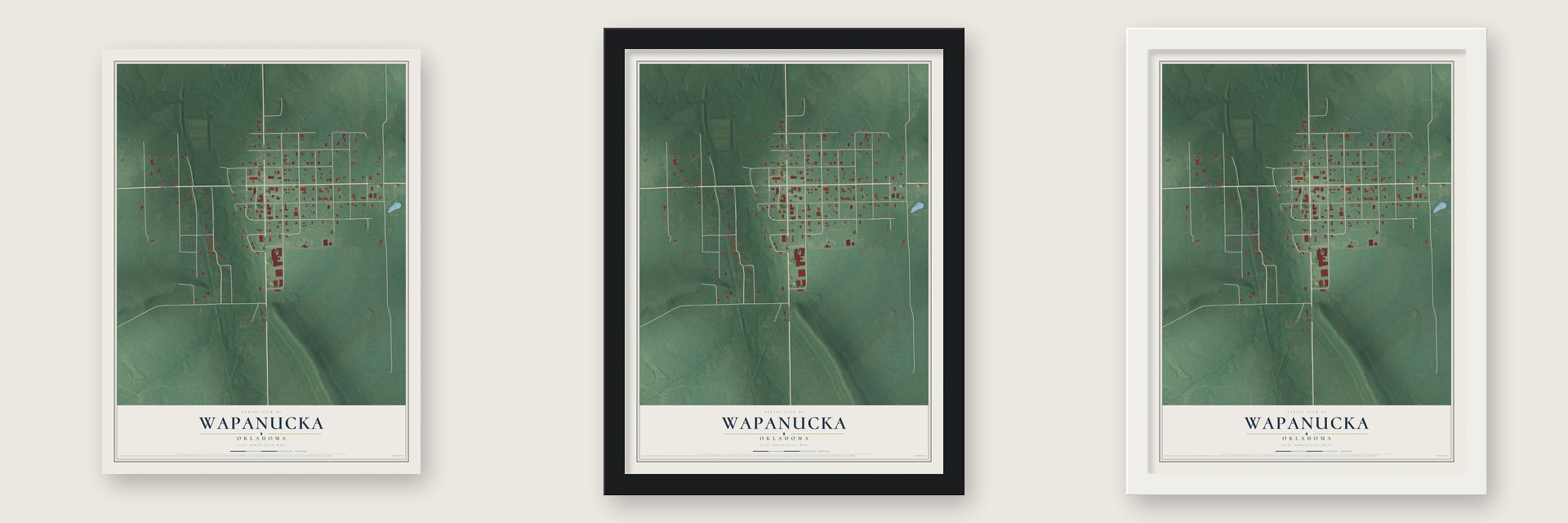 Wapanucka, Oklahoma map unframed, in a black wood frame and in a white wood frame