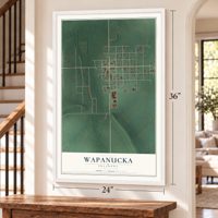 Wapanucka, Oklahoma map, 24 x 36 inch print in a white frame by a staircase