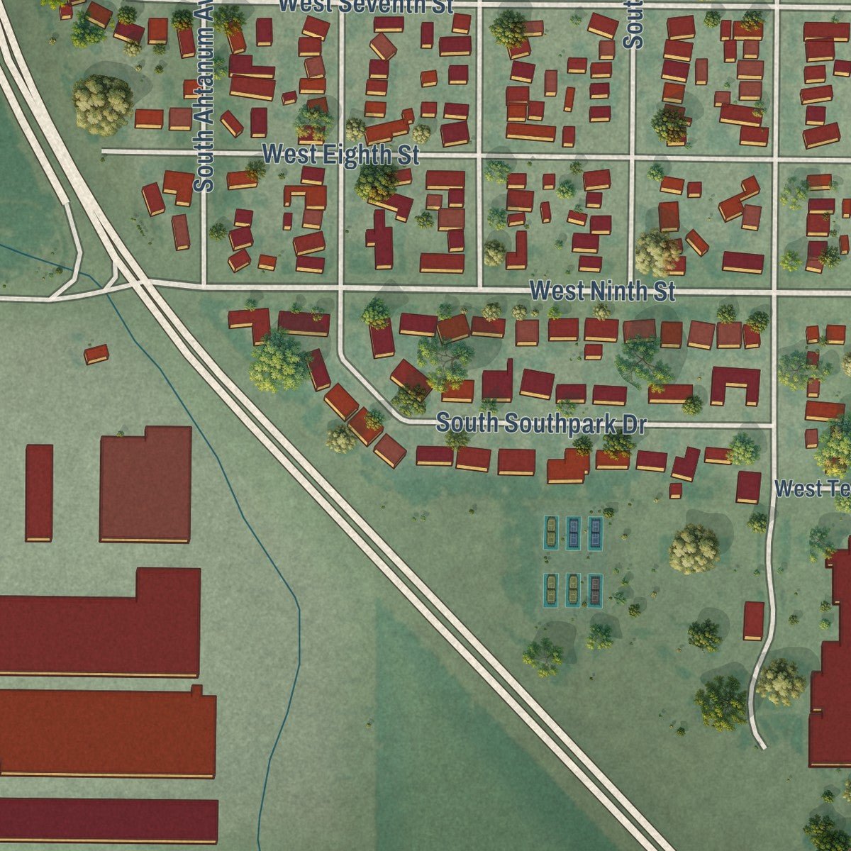 Second close-up of the map of Wapato, Washington print showing more streets and buildings