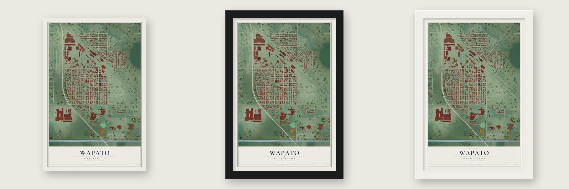 Wapato, Washington map unframed, in a black wood frame and in a white wood frame