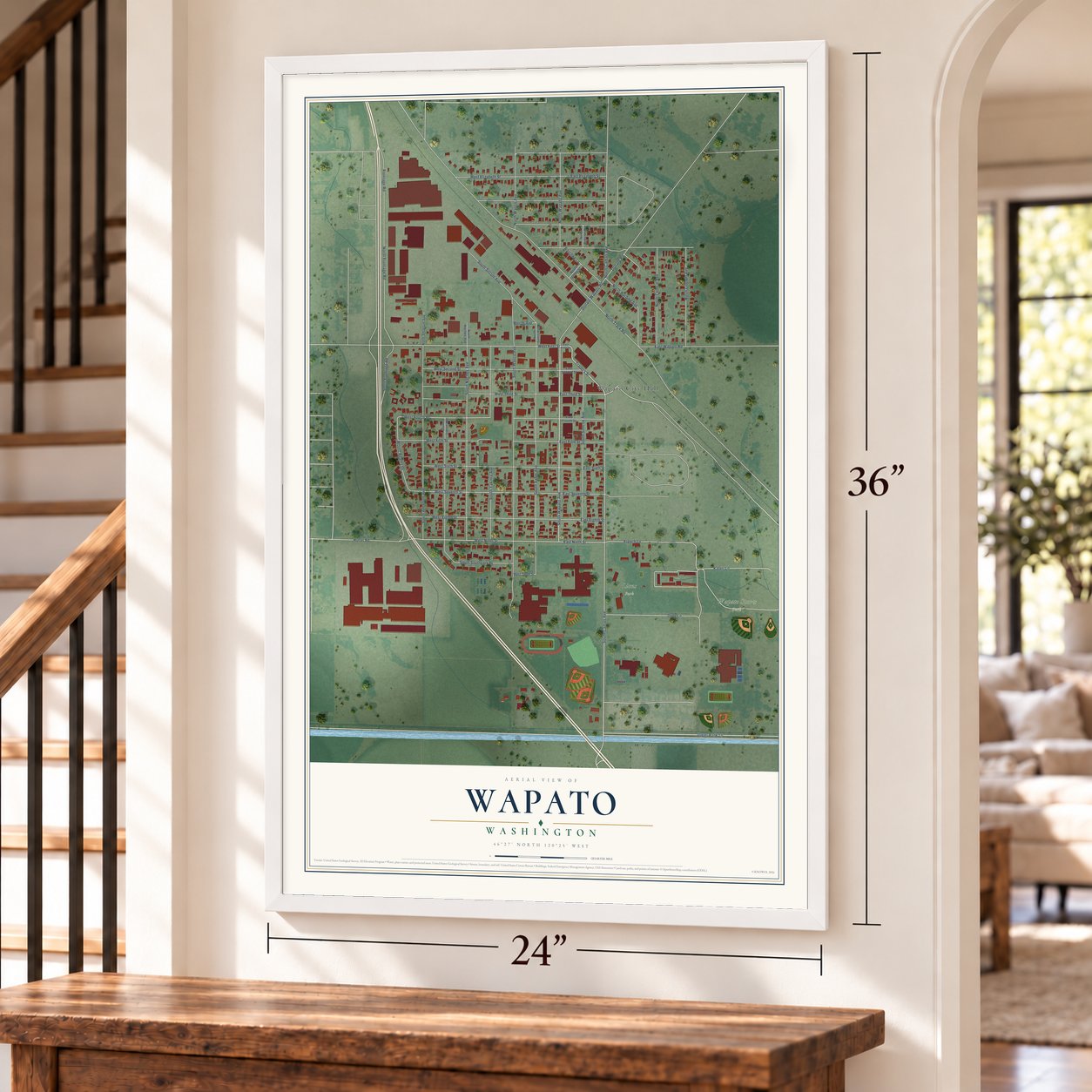 Wapato, Washington map, 24 x 36 inch print in a white frame by a staircase