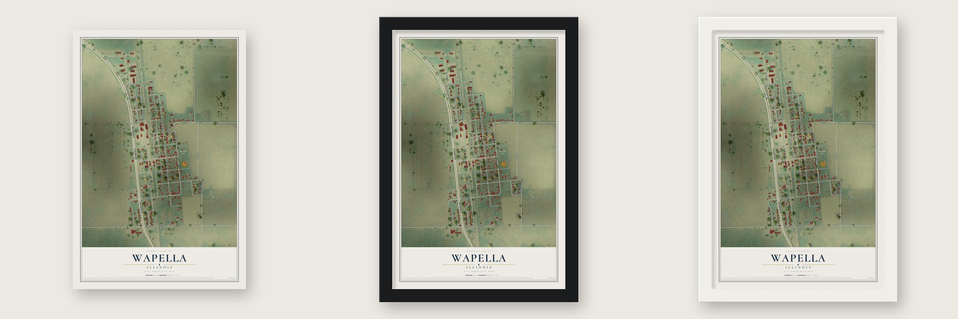 Wapella, Illinois map unframed, in a black wood frame and in a white wood frame