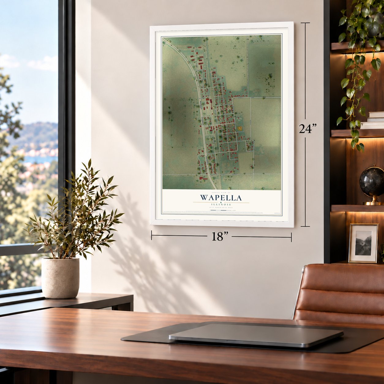 Wapella, Illinois map, 18 x 24 inch print in a white frame in a home office