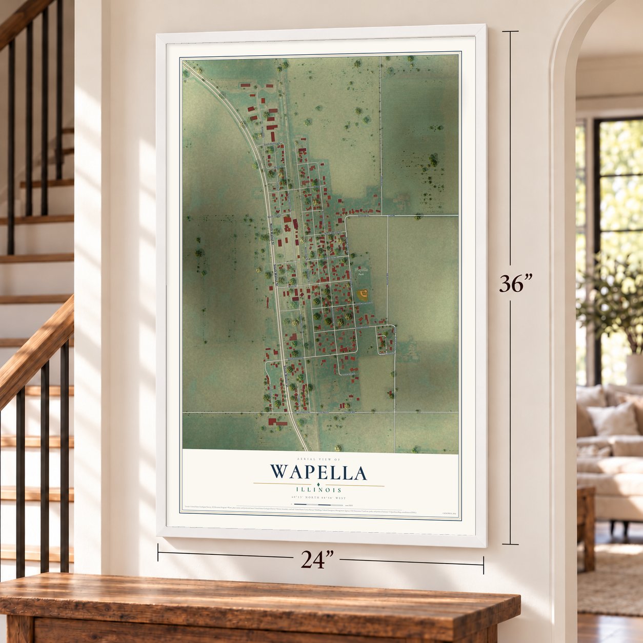 Wapella, Illinois map, 24 x 36 inch print in a white frame by a staircase
