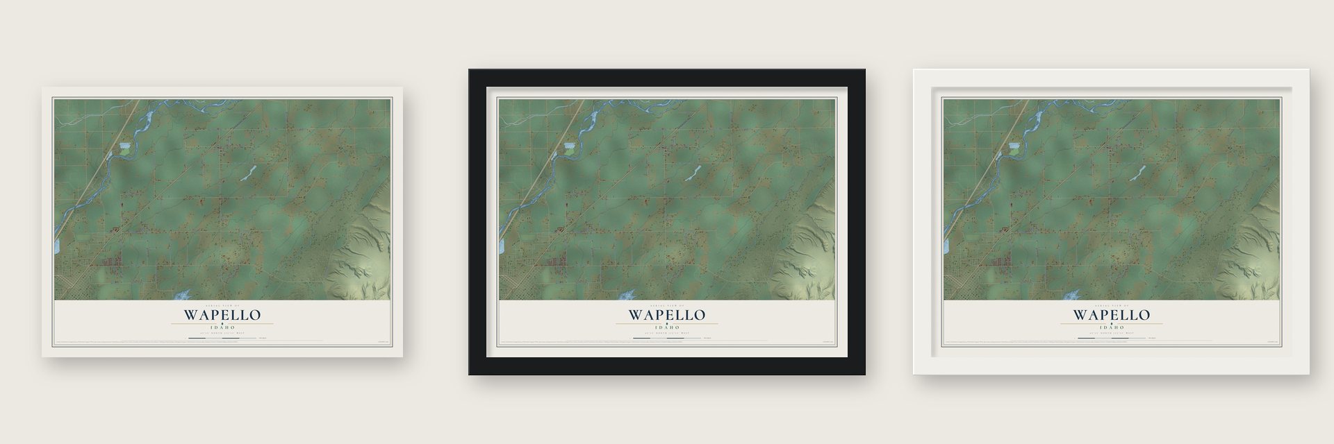 Wapello, Idaho map unframed, in a black wood frame and in a white wood frame