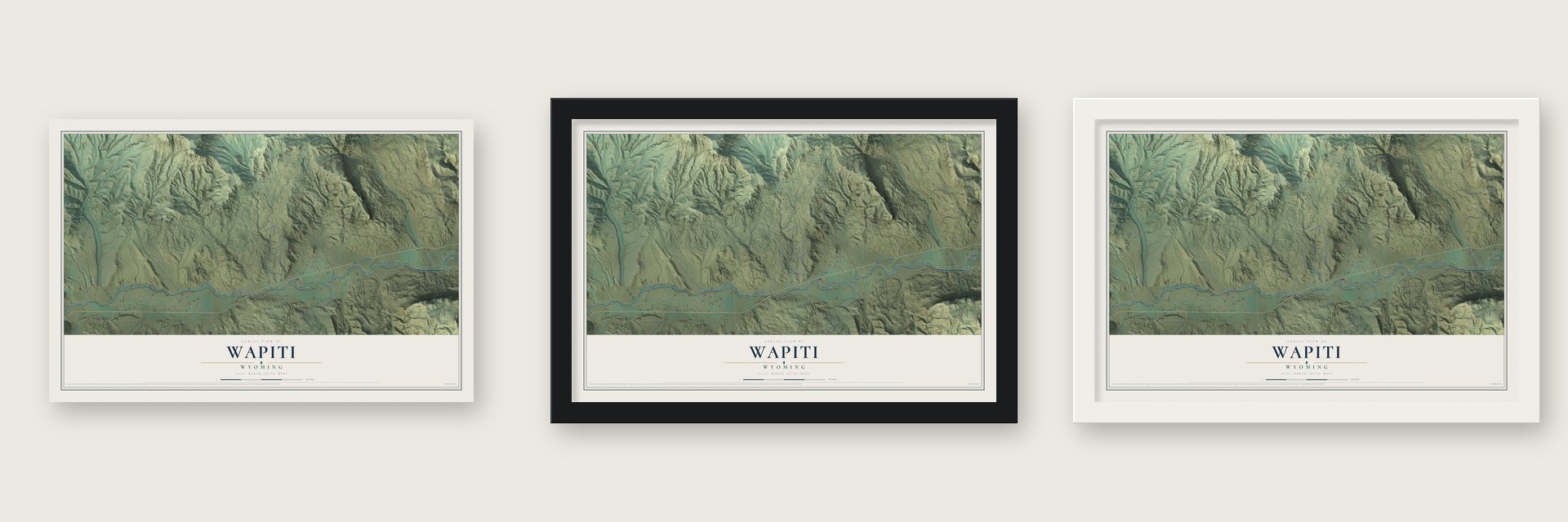 Wapiti, Wyoming map unframed, in a black wood frame and in a white wood frame