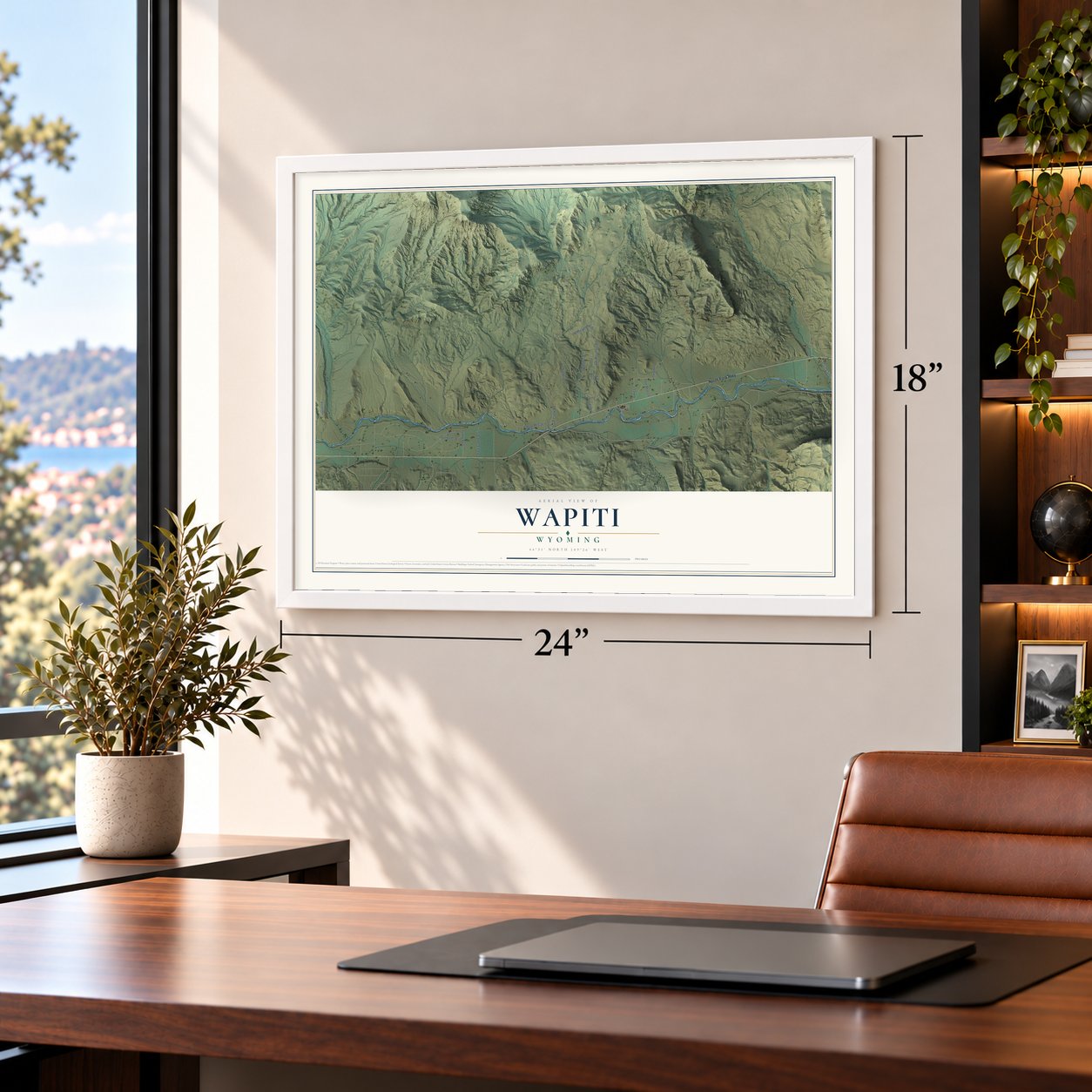 Wapiti, Wyoming map, 18 x 24 inch print in a white frame in a home office