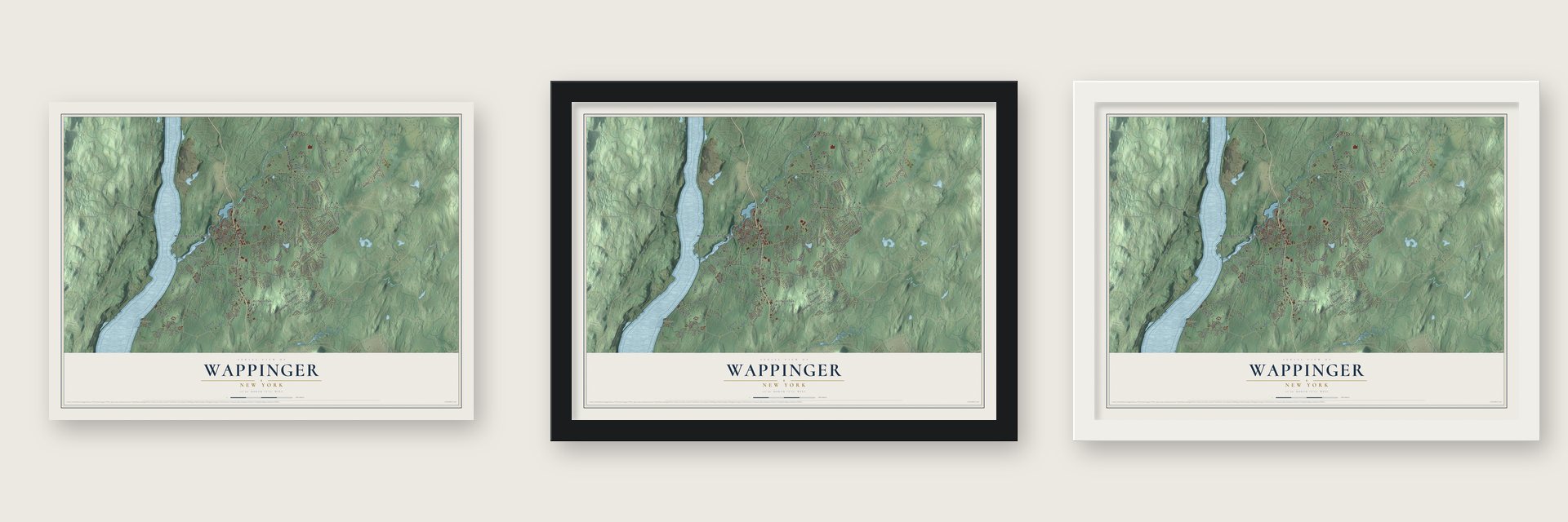Wappinger, New York map unframed, in a black wood frame and in a white wood frame