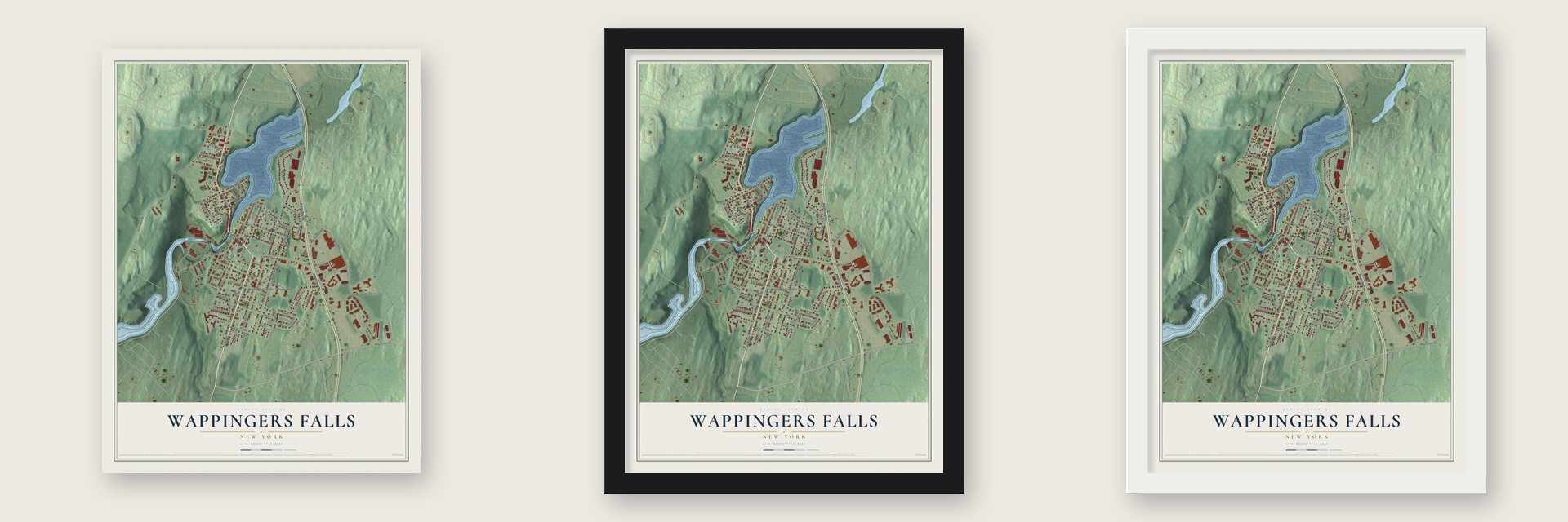 Wappingers Falls, New York map unframed, in a black wood frame and in a white wood frame