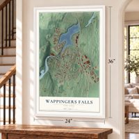 Wappingers Falls, New York map, 24 x 36 inch print in a white frame by a staircase
