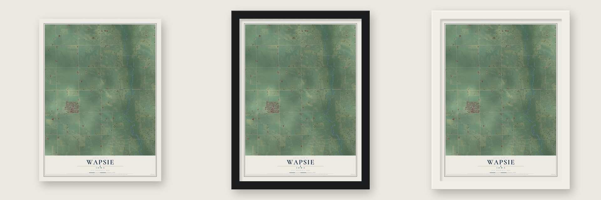 Wapsie, Iowa map unframed, in a black wood frame and in a white wood frame