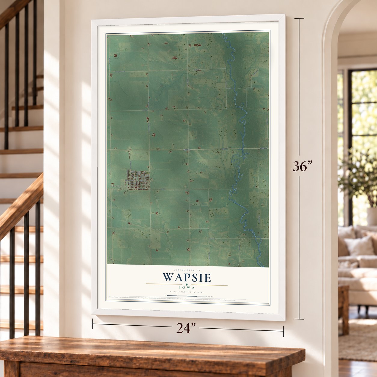 Wapsie, Iowa map, 24 x 36 inch print in a white frame by a staircase