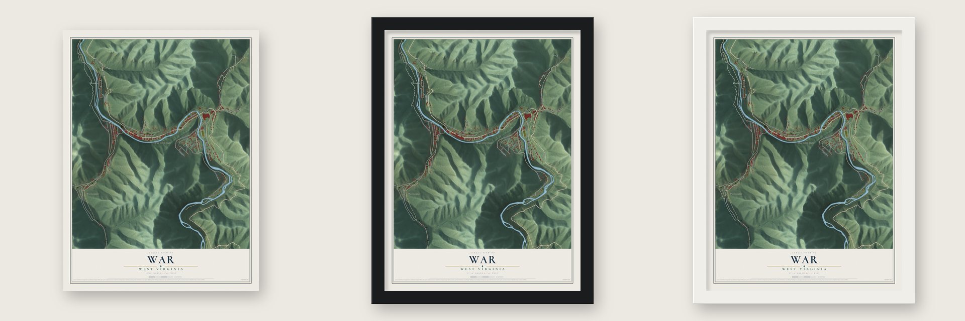 War, West Virginia map unframed, in a black wood frame and in a white wood frame