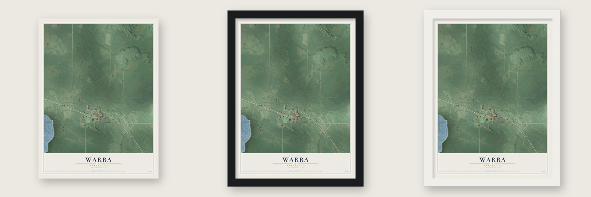 Warba, Minnesota map unframed, in a black wood frame and in a white wood frame