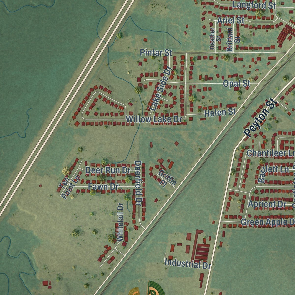 Second close-up of the map of Ward, Arkansas print showing more streets and buildings