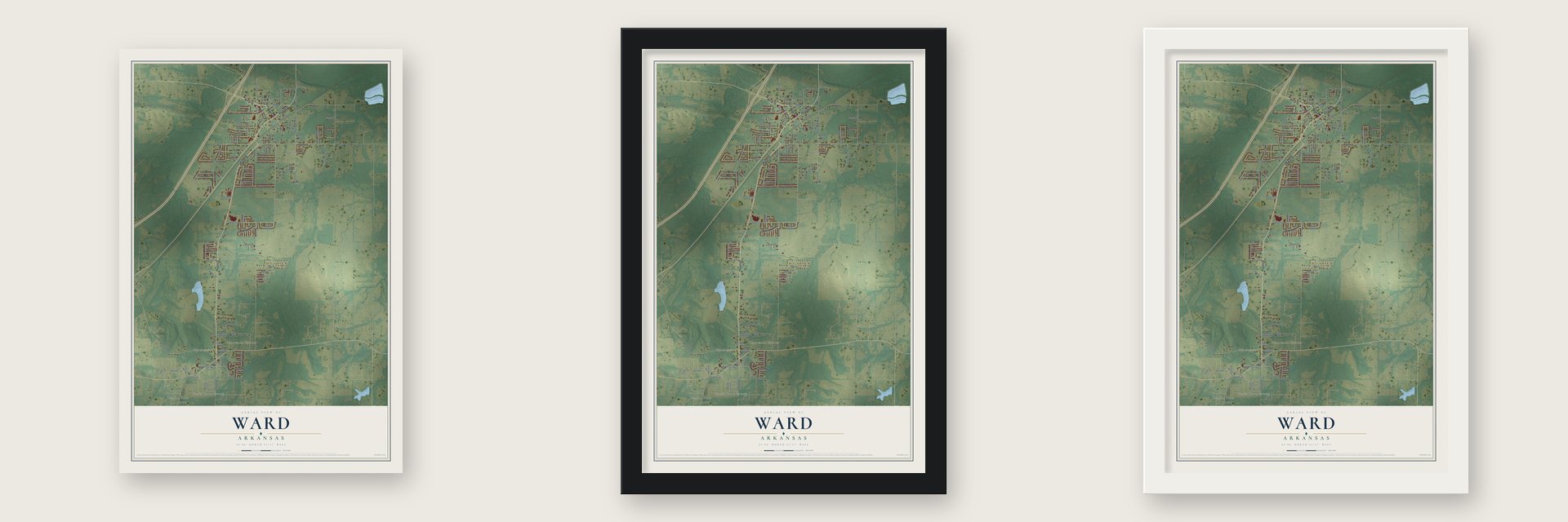 Ward, Arkansas map unframed, in a black wood frame and in a white wood frame