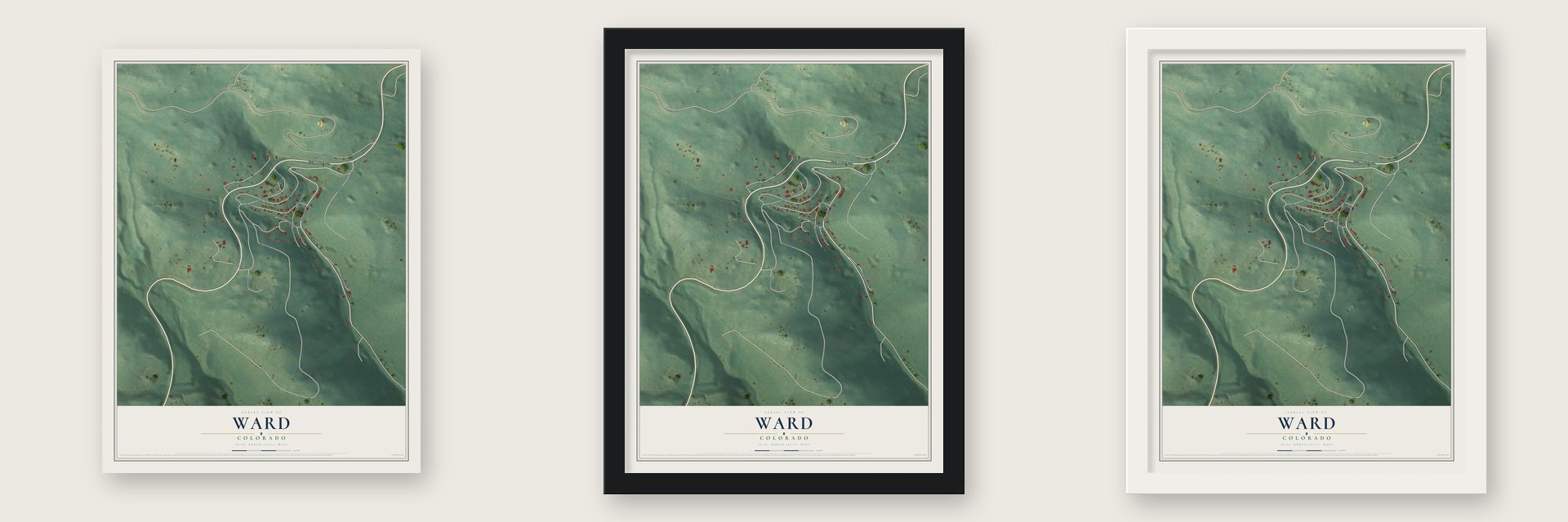 Ward, Colorado map unframed, in a black wood frame and in a white wood frame