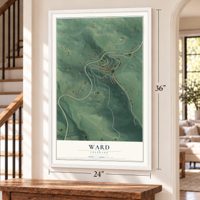 Ward, Colorado map, 24 x 36 inch print in a white frame by a staircase