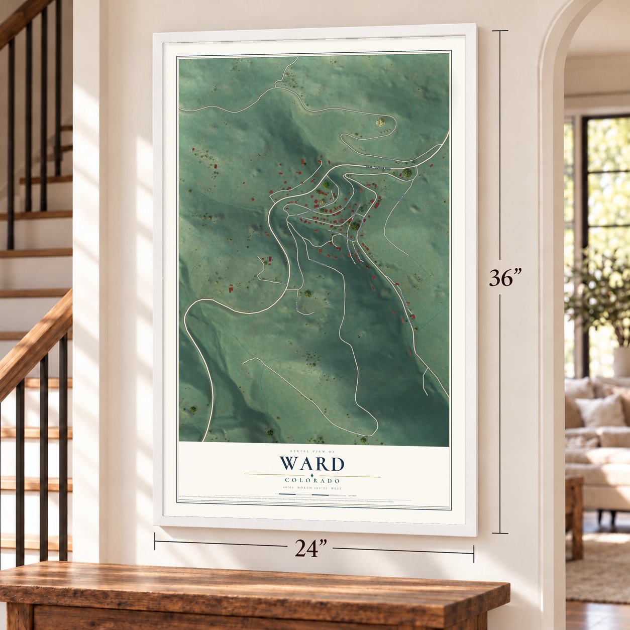Ward, Colorado map, 24 x 36 inch print in a white frame by a staircase