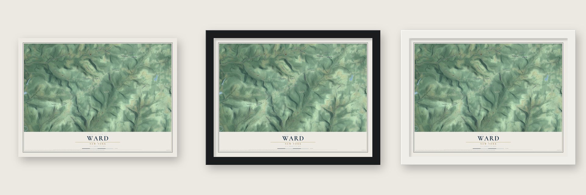 Ward, New York map unframed, in a black wood frame and in a white wood frame