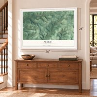 Ward, New York map, 24 x 36 inch print in a white frame above a dresser by a staircase