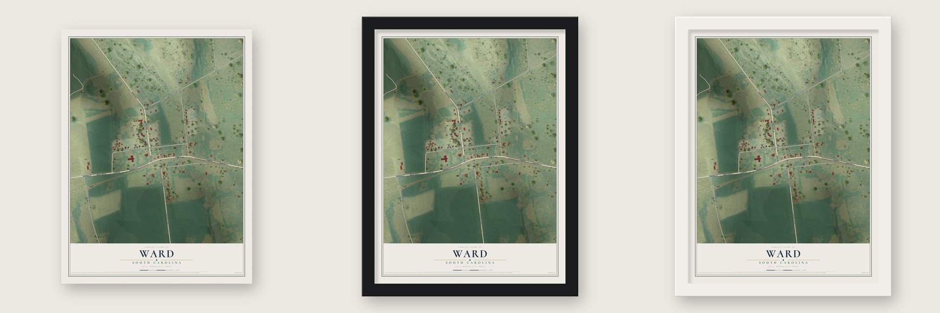 Ward, South Carolina map unframed, in a black wood frame and in a white wood frame