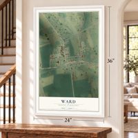 Ward, South Carolina map, 24 x 36 inch print in a white frame by a staircase