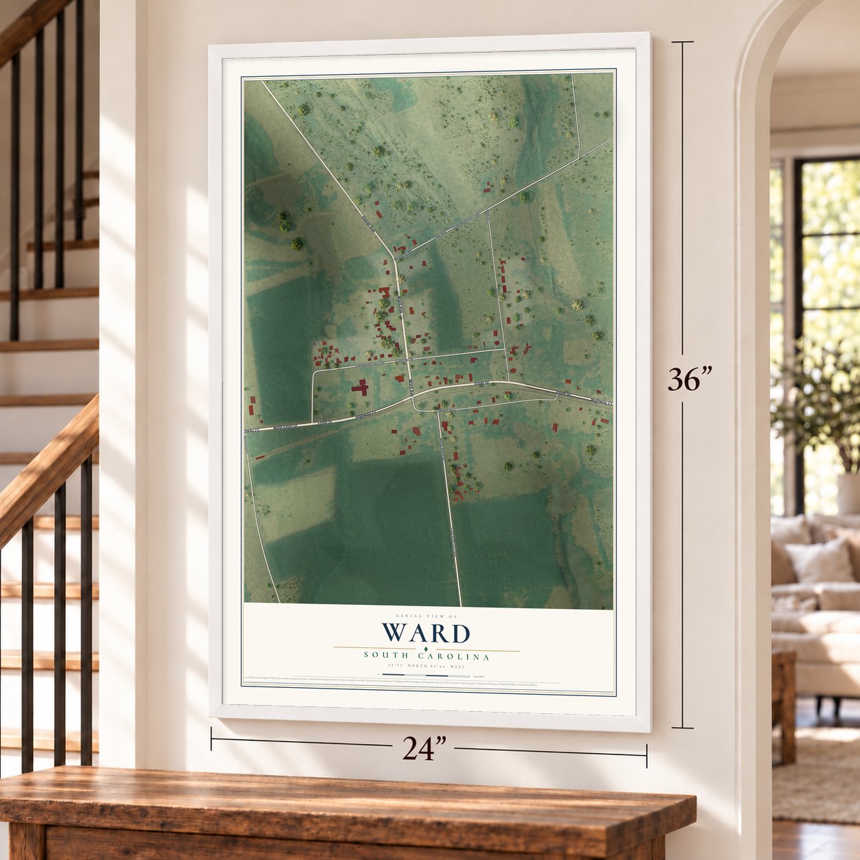Ward, South Carolina map, 24 x 36 inch print in a white frame by a staircase