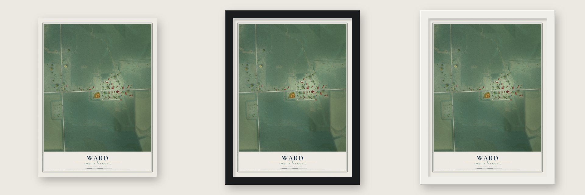 Ward, South Dakota map unframed, in a black wood frame and in a white wood frame