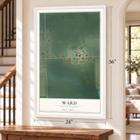 Ward, South Dakota map, 24 x 36 inch print in a white frame by a staircase