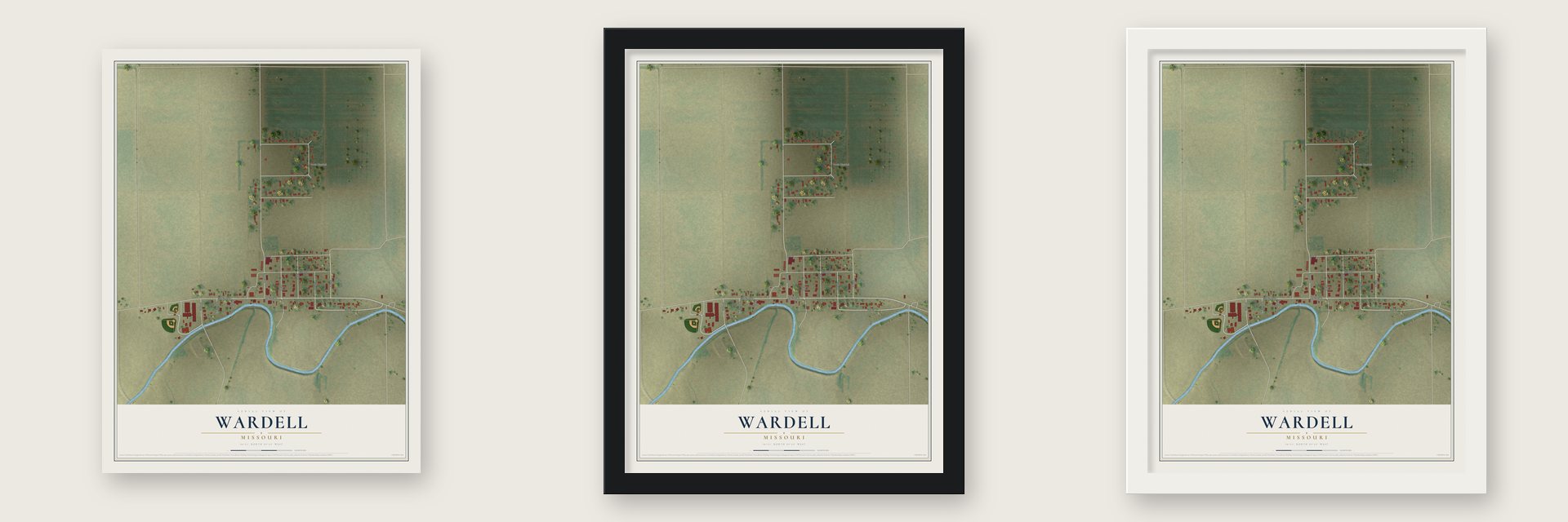 Wardell, Missouri map unframed, in a black wood frame and in a white wood frame