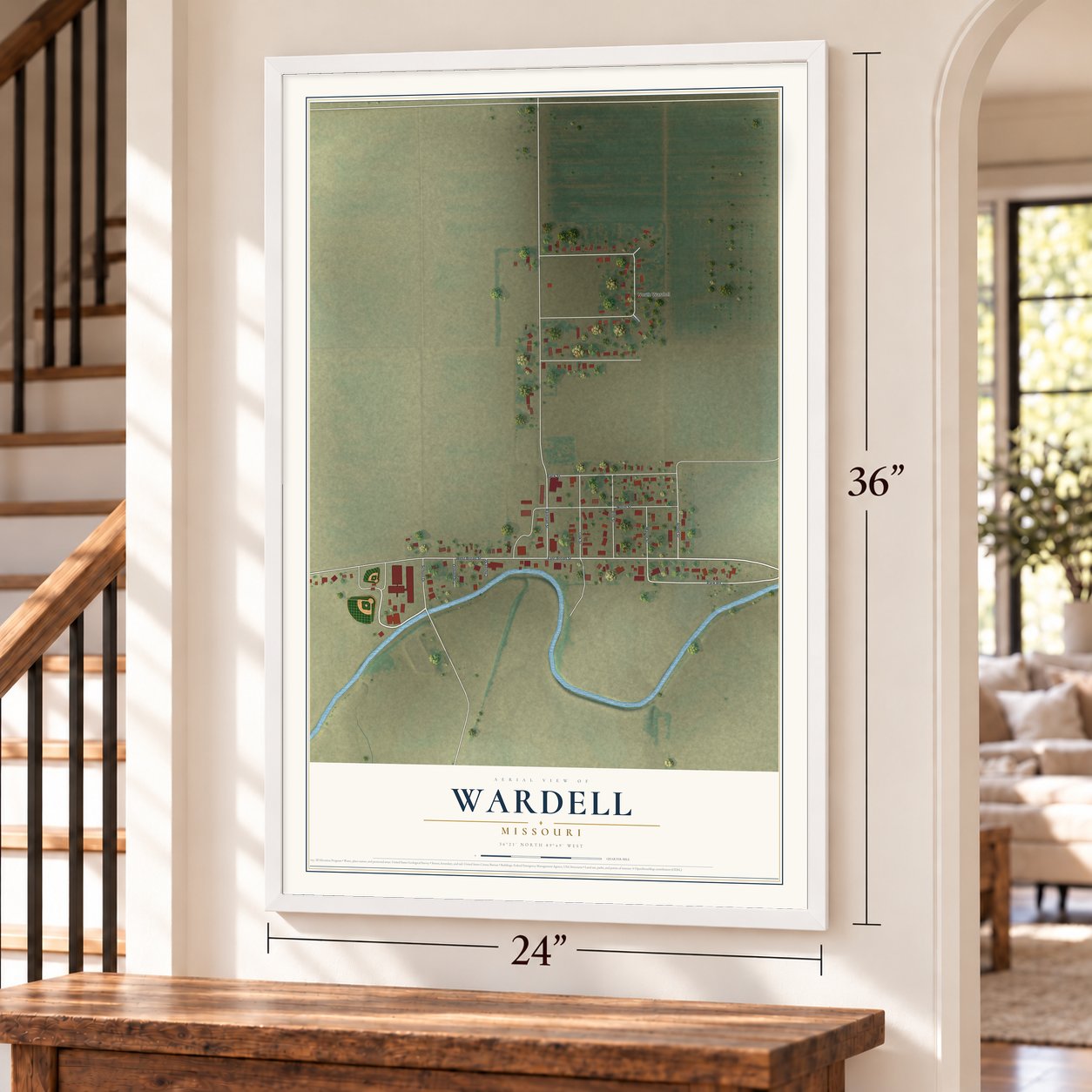 Wardell, Missouri map, 24 x 36 inch print in a white frame by a staircase