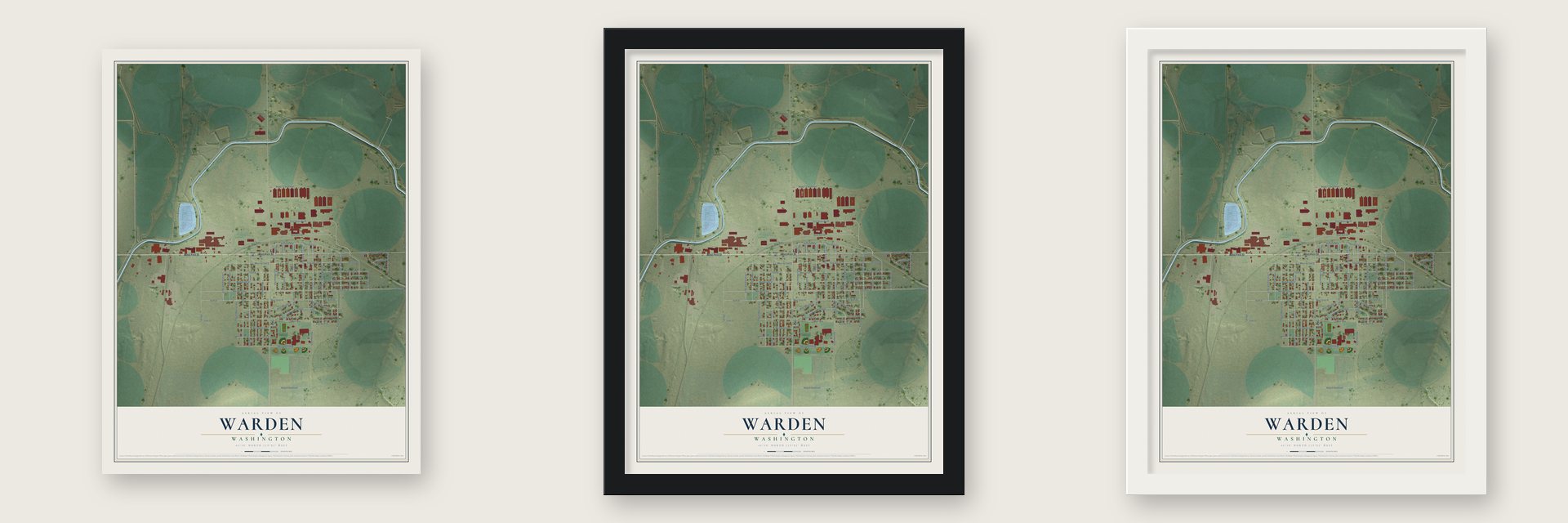 Warden, Washington map unframed, in a black wood frame and in a white wood frame