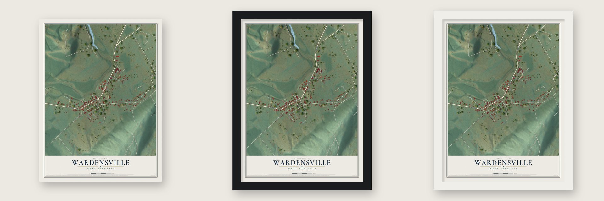 Wardensville, West Virginia map unframed, in a black wood frame and in a white wood frame