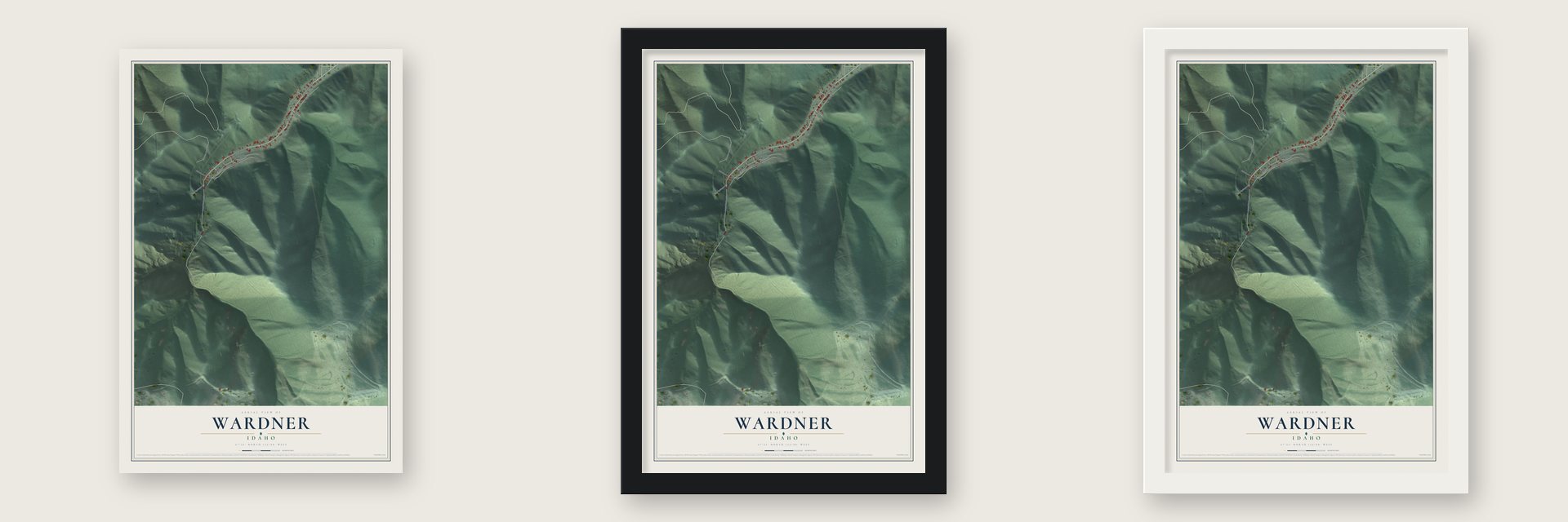 Wardner, Idaho map unframed, in a black wood frame and in a white wood frame