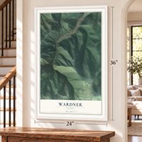 Wardner, Idaho map, 24 x 36 inch print in a white frame by a staircase