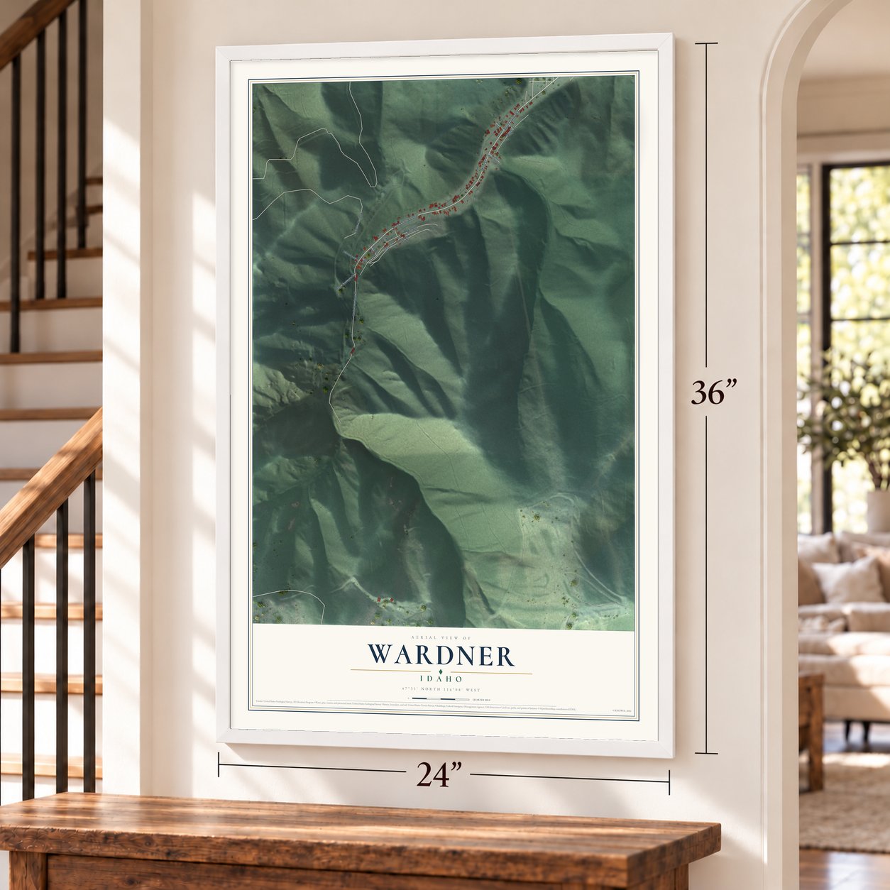 Wardner, Idaho map, 24 x 36 inch print in a white frame by a staircase