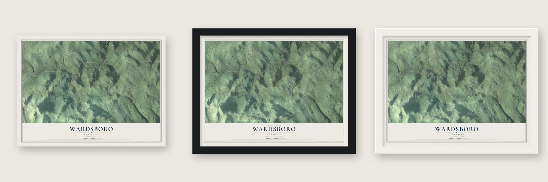 Wardsboro, Vermont map unframed, in a black wood frame and in a white wood frame