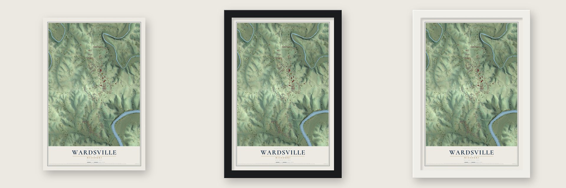 Wardsville, Missouri map unframed, in a black wood frame and in a white wood frame