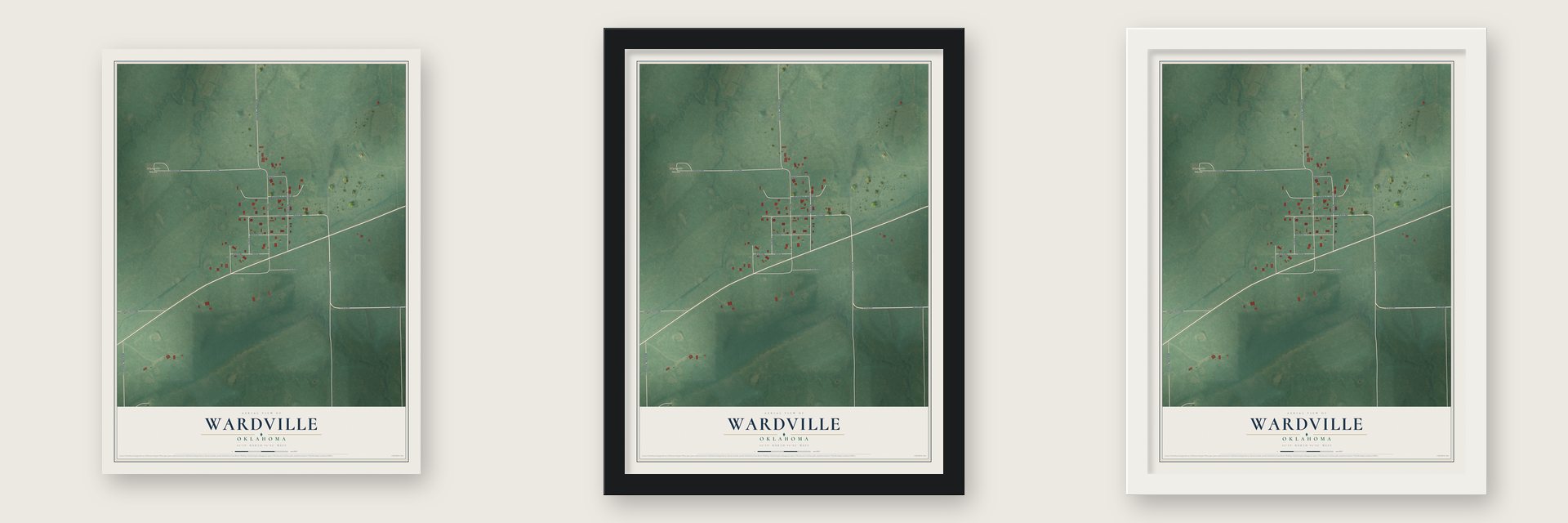 Wardville, Oklahoma map unframed, in a black wood frame and in a white wood frame
