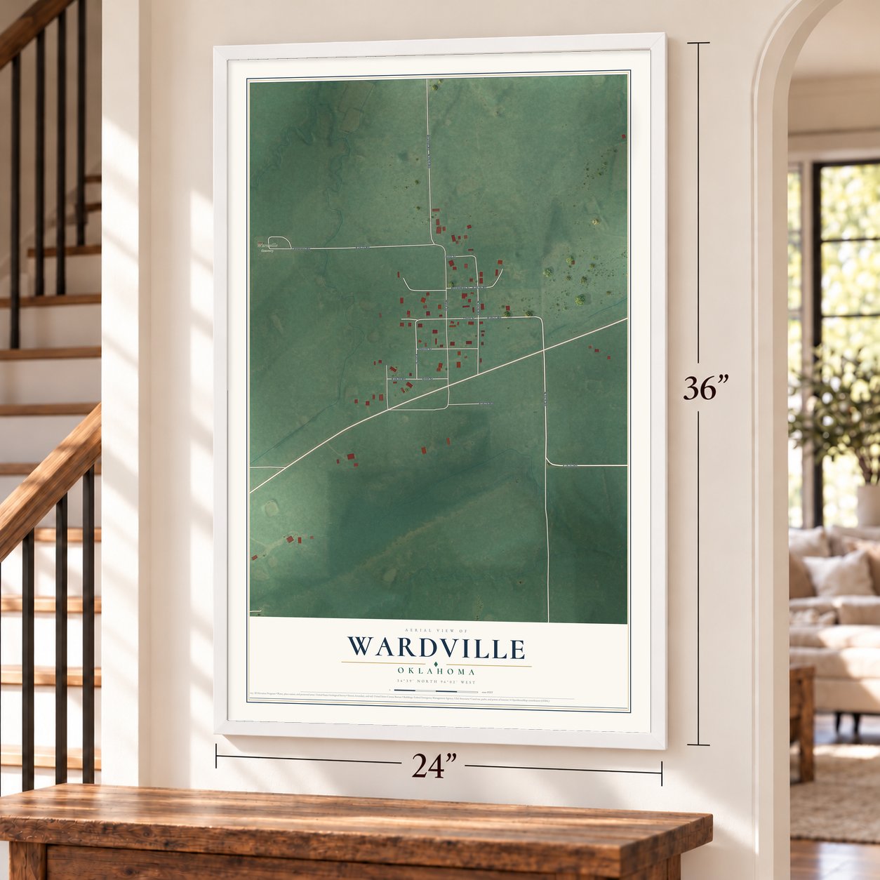 Wardville, Oklahoma map, 24 x 36 inch print in a white frame by a staircase