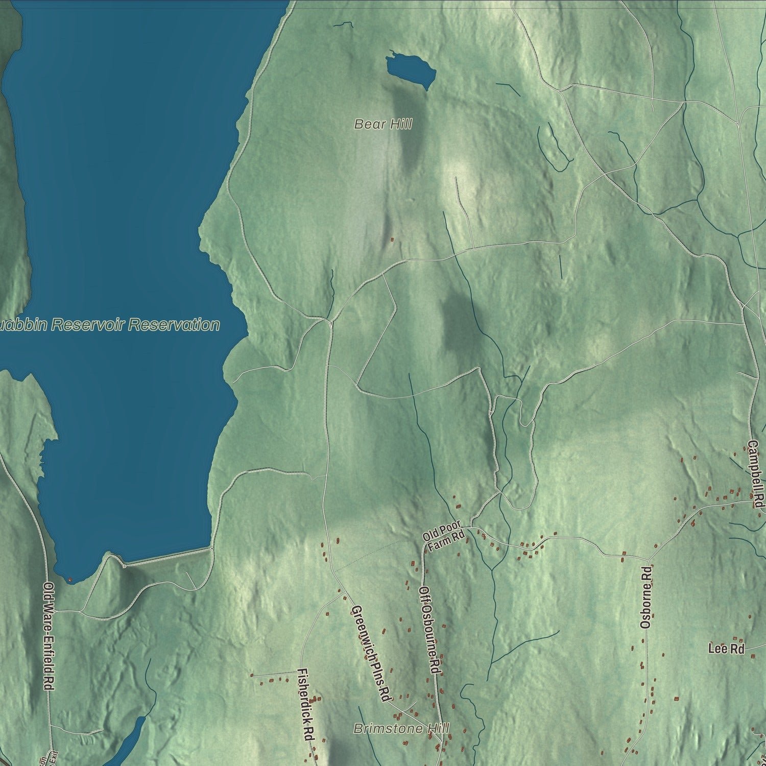 Close-up of the map of Ware, Massachusetts print showing terrain and local geography